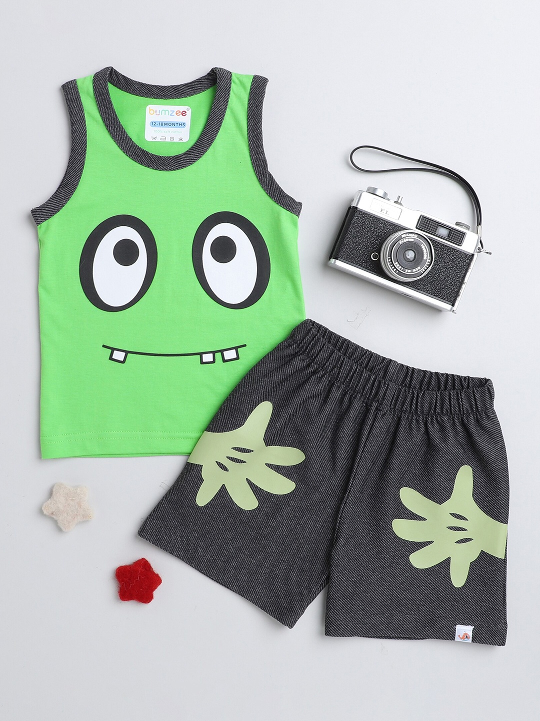 

BUMZEE Boys Printed Sleeveless Pure Cotton T-shirt with Shorts, Green