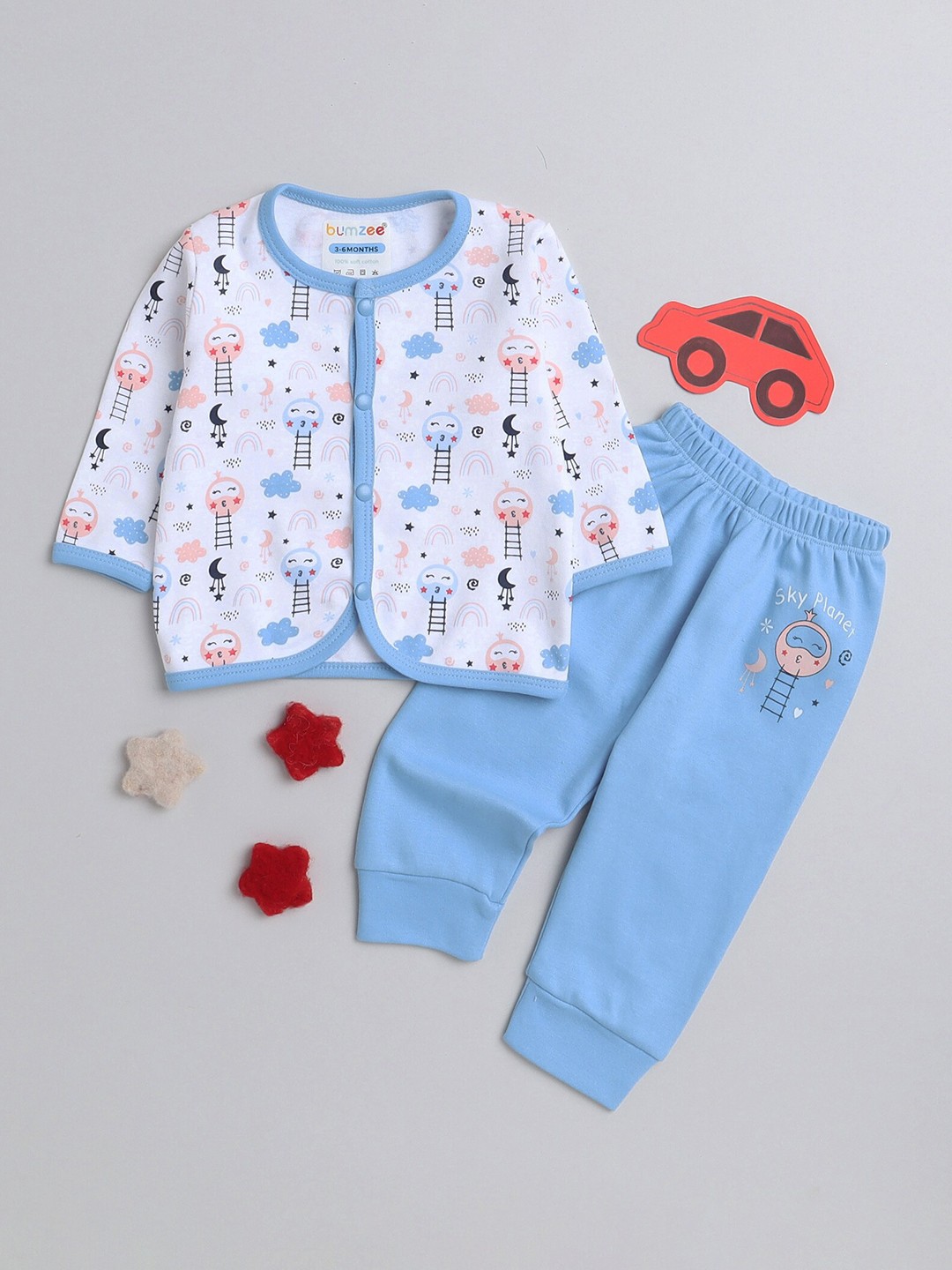 

BUMZEE Boys White & Blue Printed T-shirt with Pyjamas