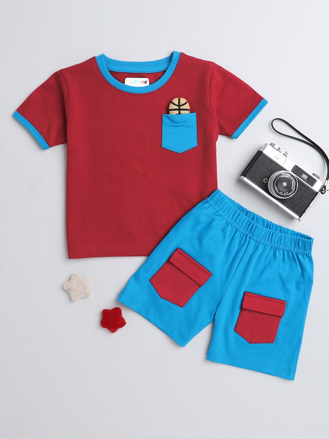 

BUMZEE Boys Colourblocked Pure Cotton T-shirt with Shorts, Red