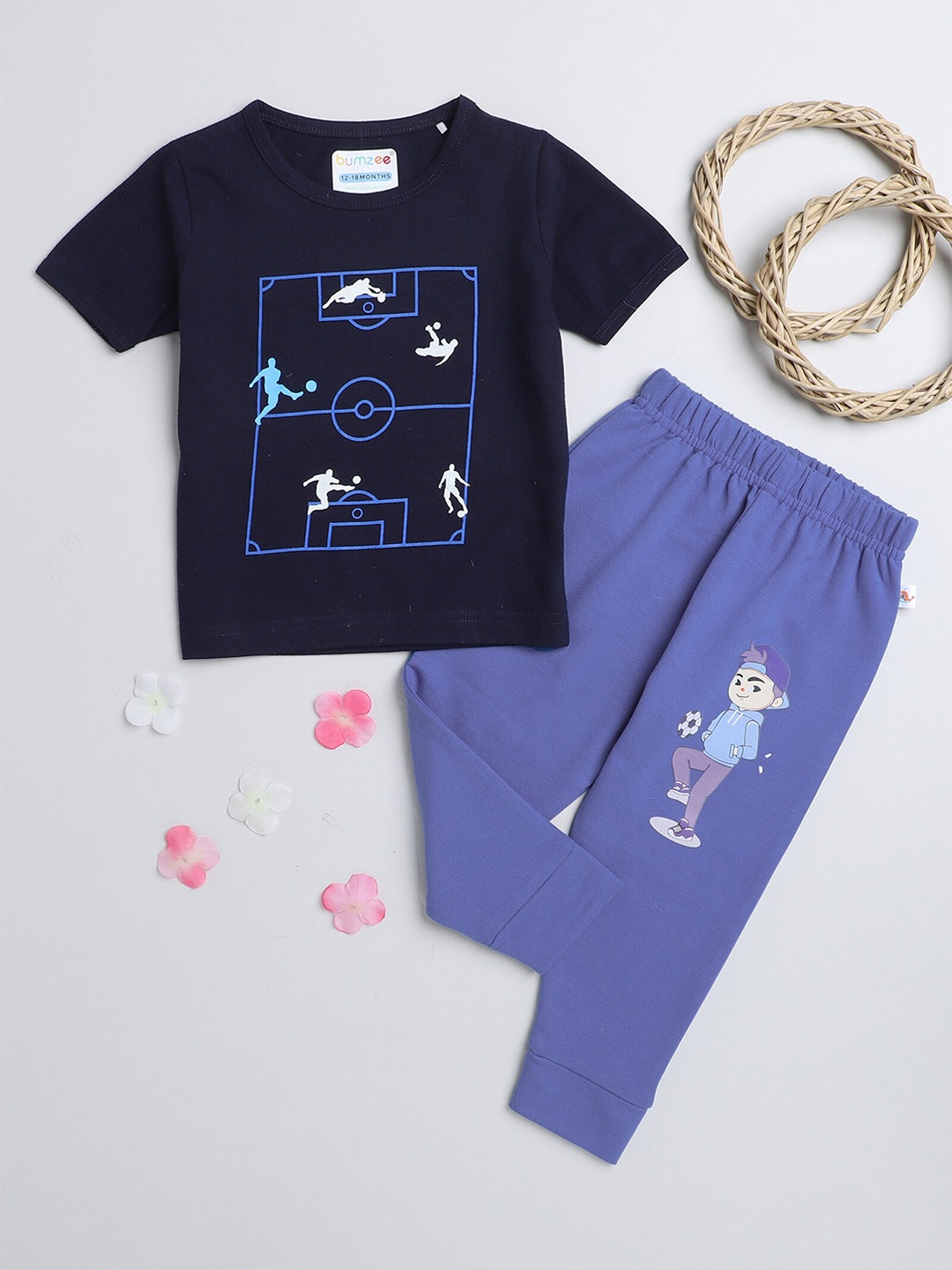 

BUMZEE Boys Navy Blue & White Printed T-shirt with Pyjamas