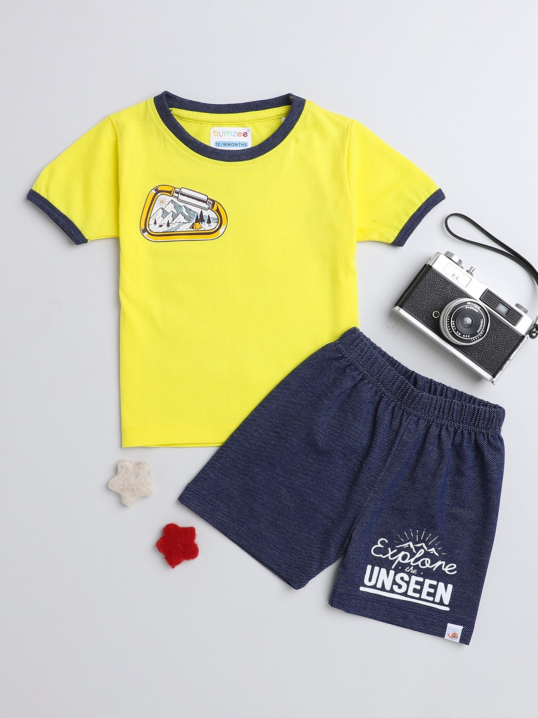 

BUMZEE Boys Navy Blue & White Printed T-shirt with Shorts