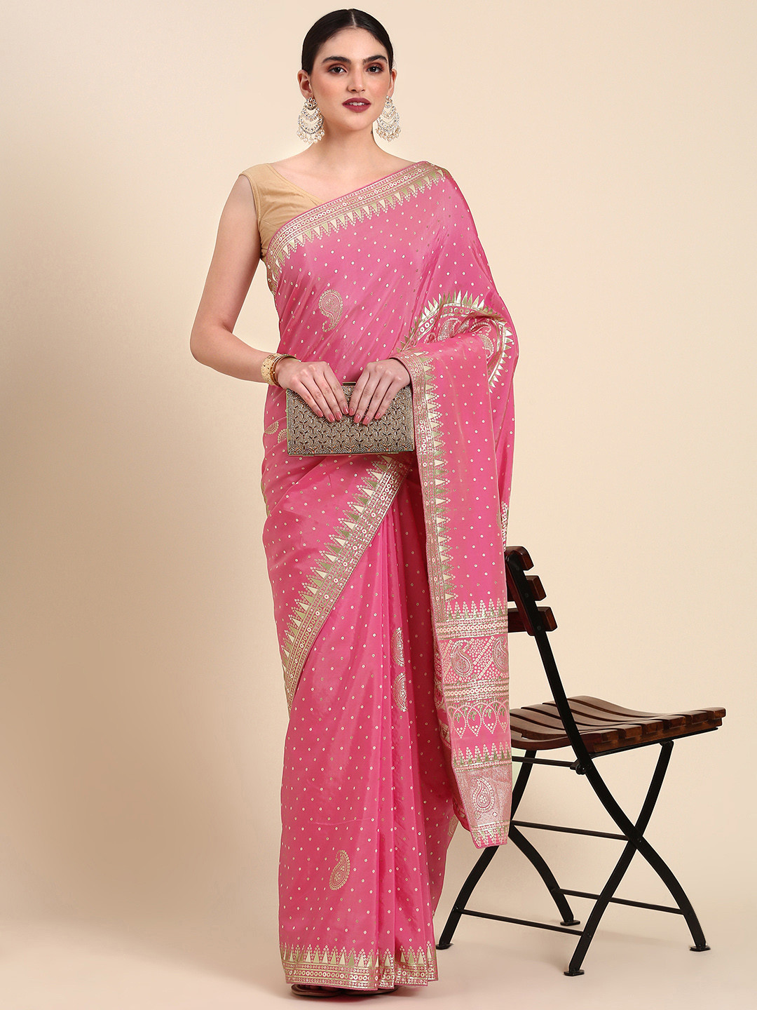 

AYKA CLOTHINGS Woven Design Ethnic Motifs Zari Saree, Pink