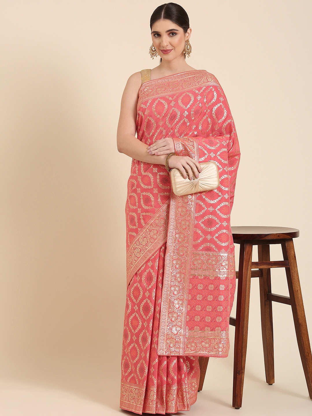 

AYKA CLOTHINGS Woven Design Ethnic Motifs Zari Saree, Coral