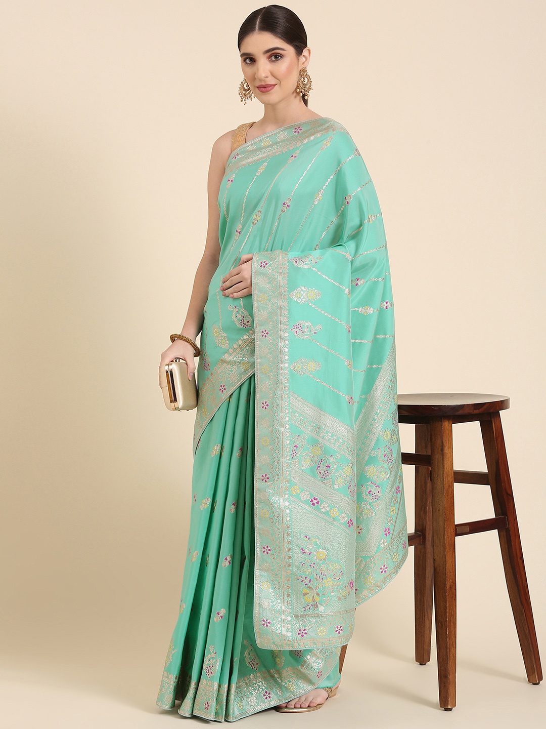 

AYKA CLOTHINGS Woven Design Ethnic Motifs Zari Saree, Sea green