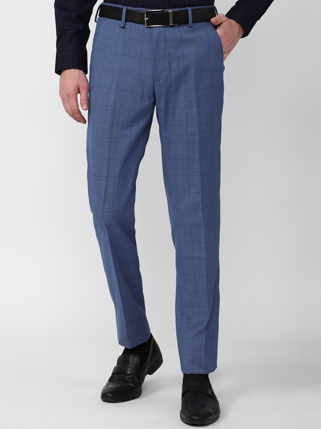 

Van Heusen Men Checked Slim Fit Formal Trousers, Blue