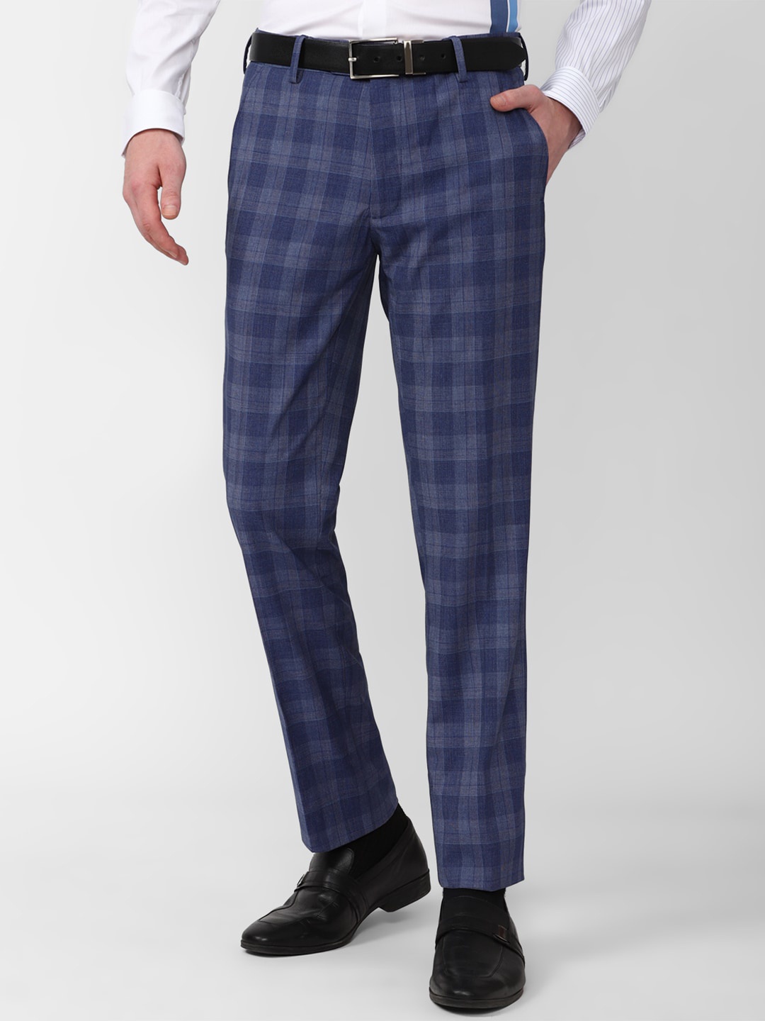 

Van Heusen Men Checked Slim Fit Formal Trousers, Navy blue