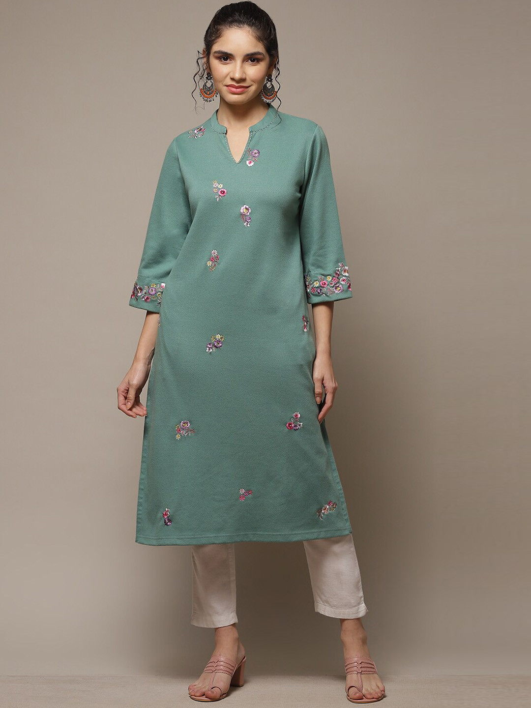 

Biba Floral Embroidered Straight Kurta, Green