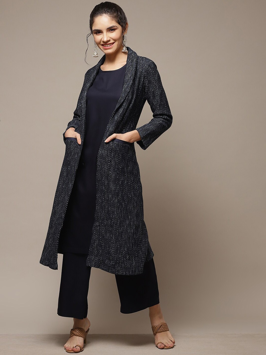 

Biba Straight Kurta With Palazzos & With Long Jacket, Blue