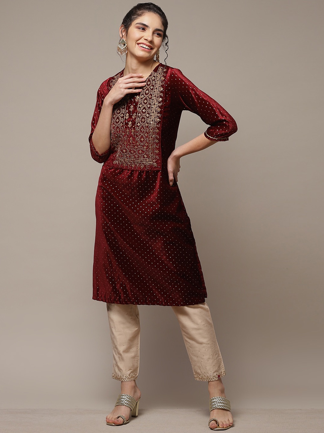 

Biba Ethnic Embroidered Sequinned Straight Kurta, Maroon