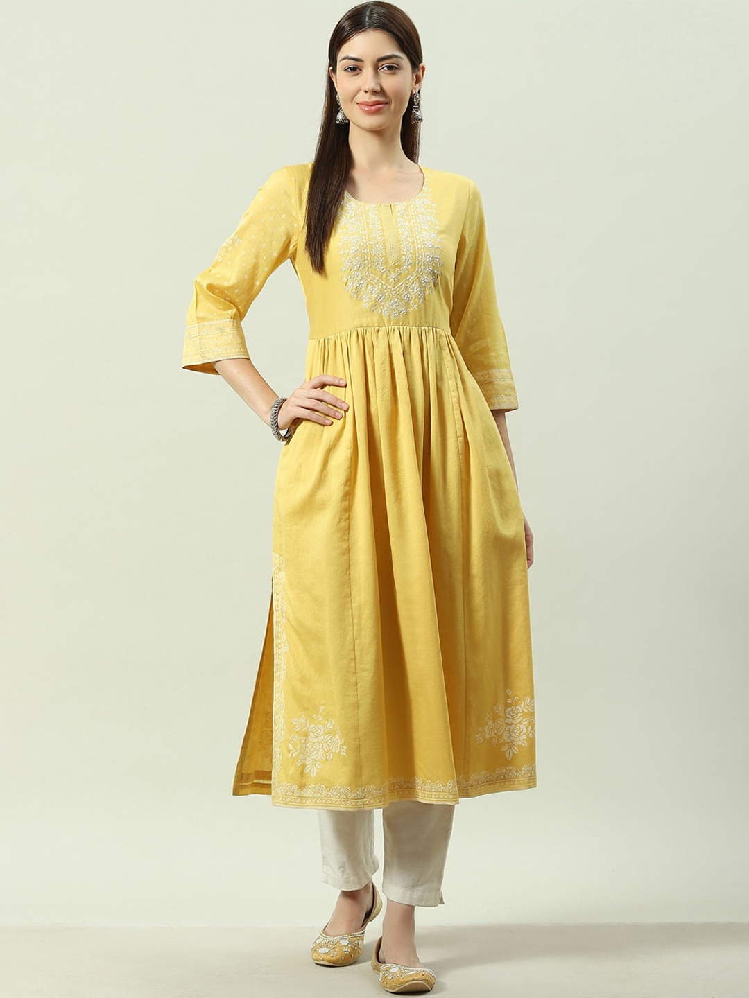 

Biba Floral Embroidered Thread Work Anarkali Kurta, Yellow