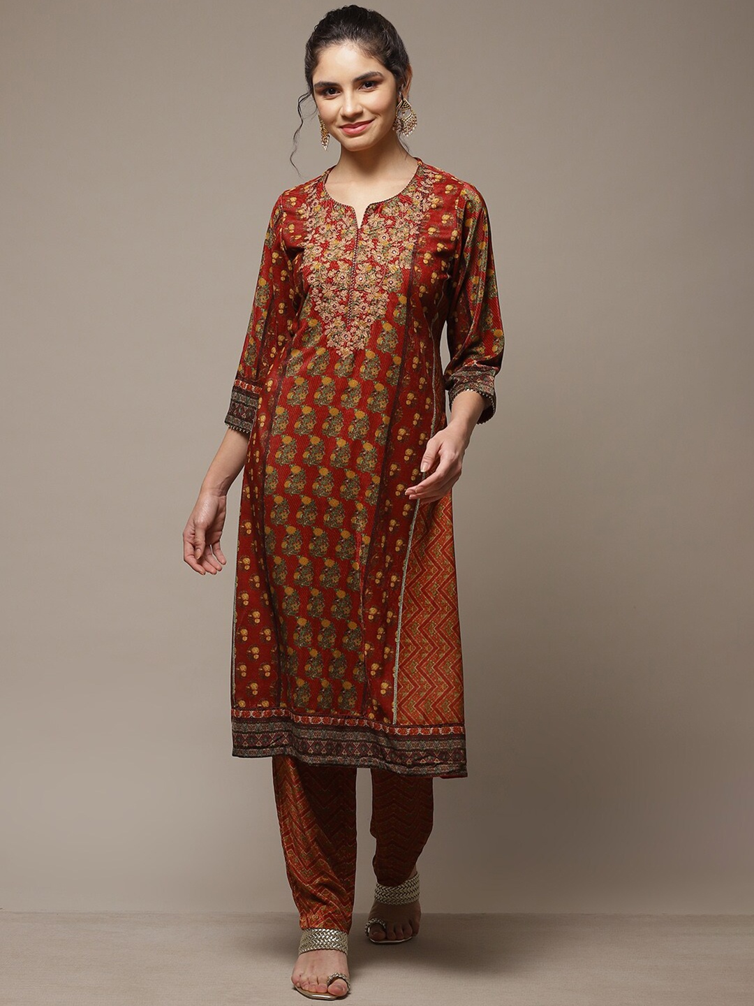 

Biba Ethnic Motifs Embroidered Sequinned Kurta With Trousers, Rust