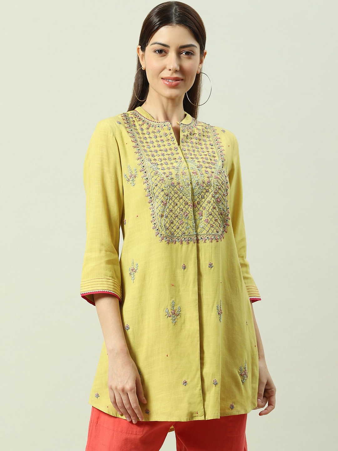 

Biba Floral Embroidered Mandarin Collar Straight Kurta, Green