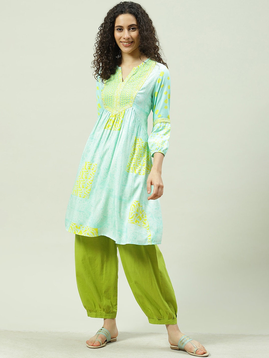 

Biba Sequin Embroidered Cuff Sleeves Thread Work Kurta, Turquoise blue