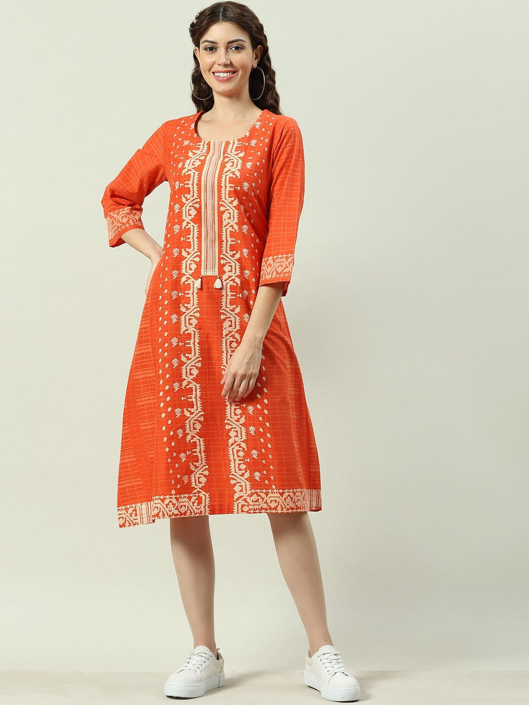 

Biba Geometric Printed A-Line Cotton Kurta, Orange