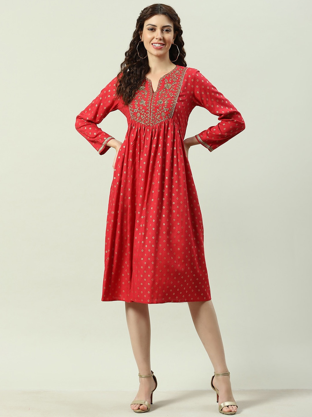 

Biba Floral Printed Embroidered Ethnic Dress, Red