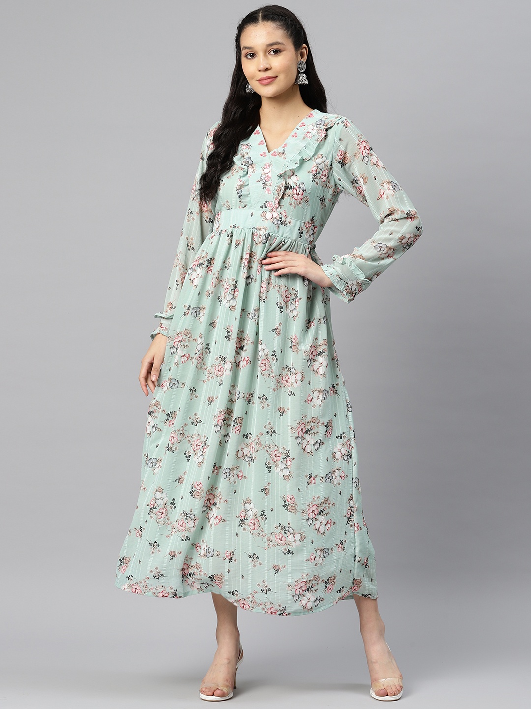

Readiprint Fashions Floral Printed Georgette Maxi Dress, Green