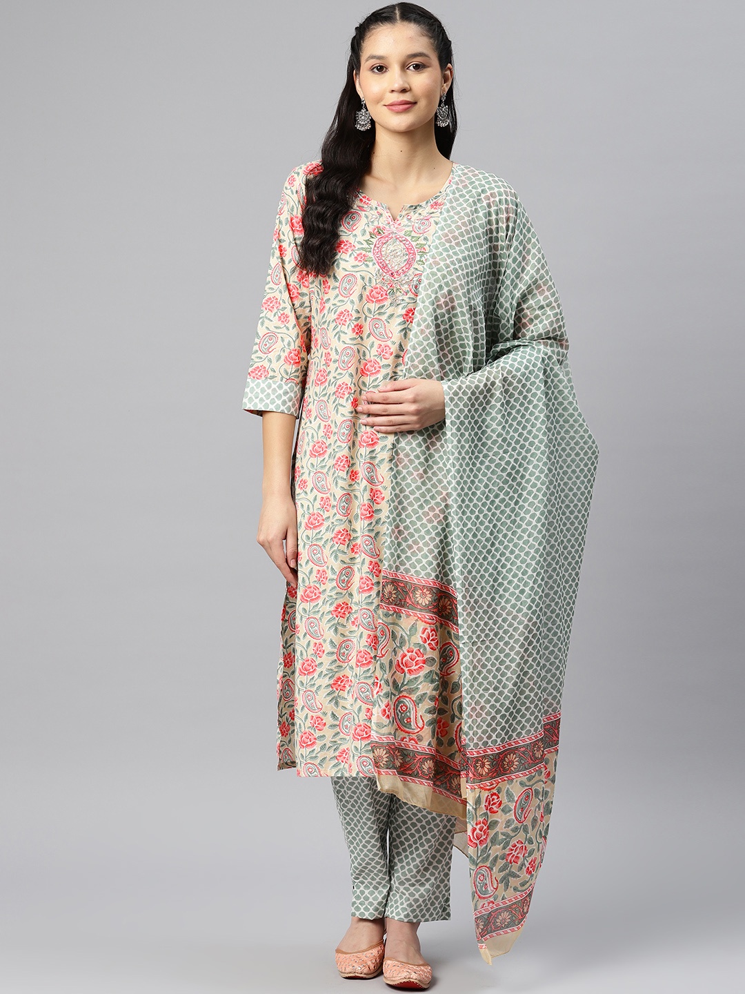 

Readiprint Floral Printed Mirror Work Pure Cotton Kurta with Trousers & Dupatta, Beige