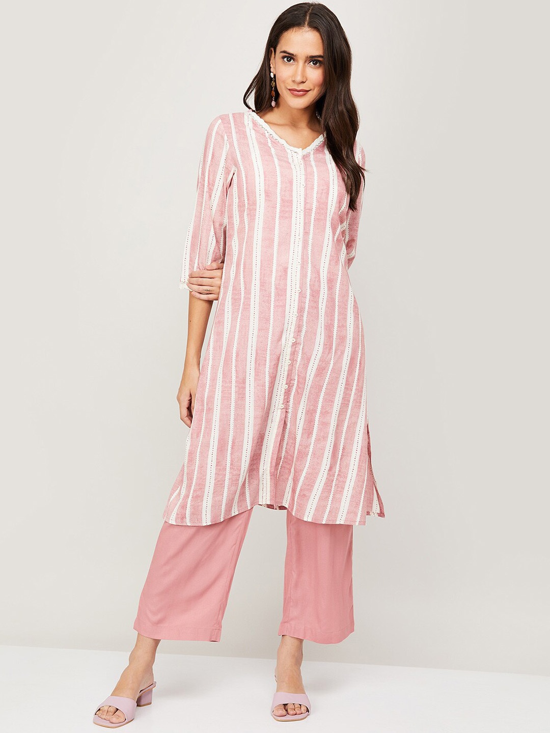 

Melange by Lifestyle Women Pink Striped Regular Kurta with Trousers