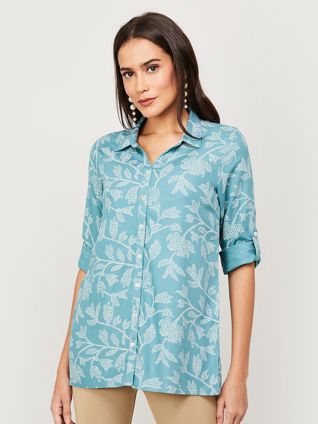 

Melange by Lifestyle Bandhani Printed Shirt Collar Kurti, Blue
