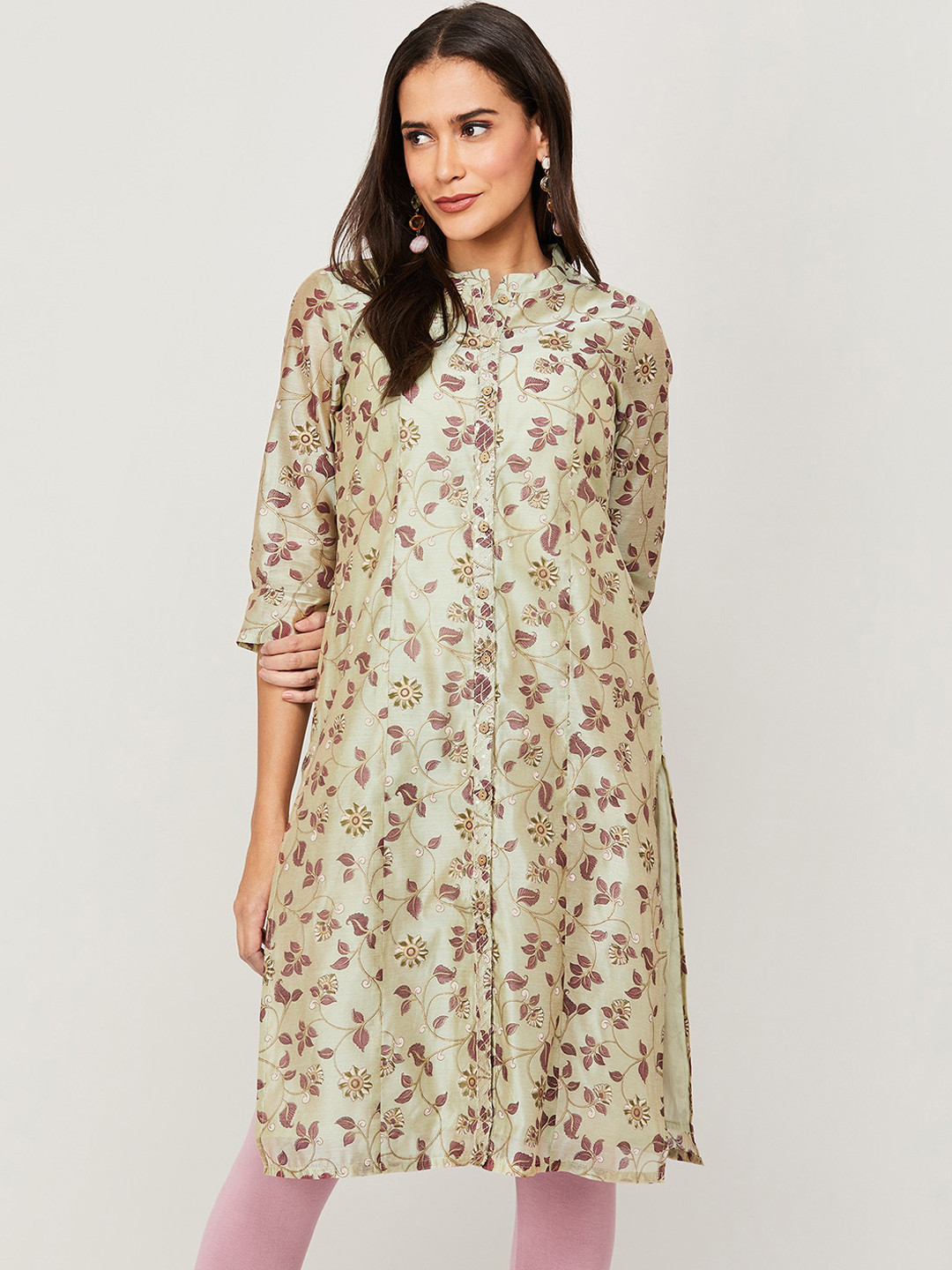 

Melange by Lifestyle Floral Printed Mandarin Collar Chanderi Silk Kurta, Grey