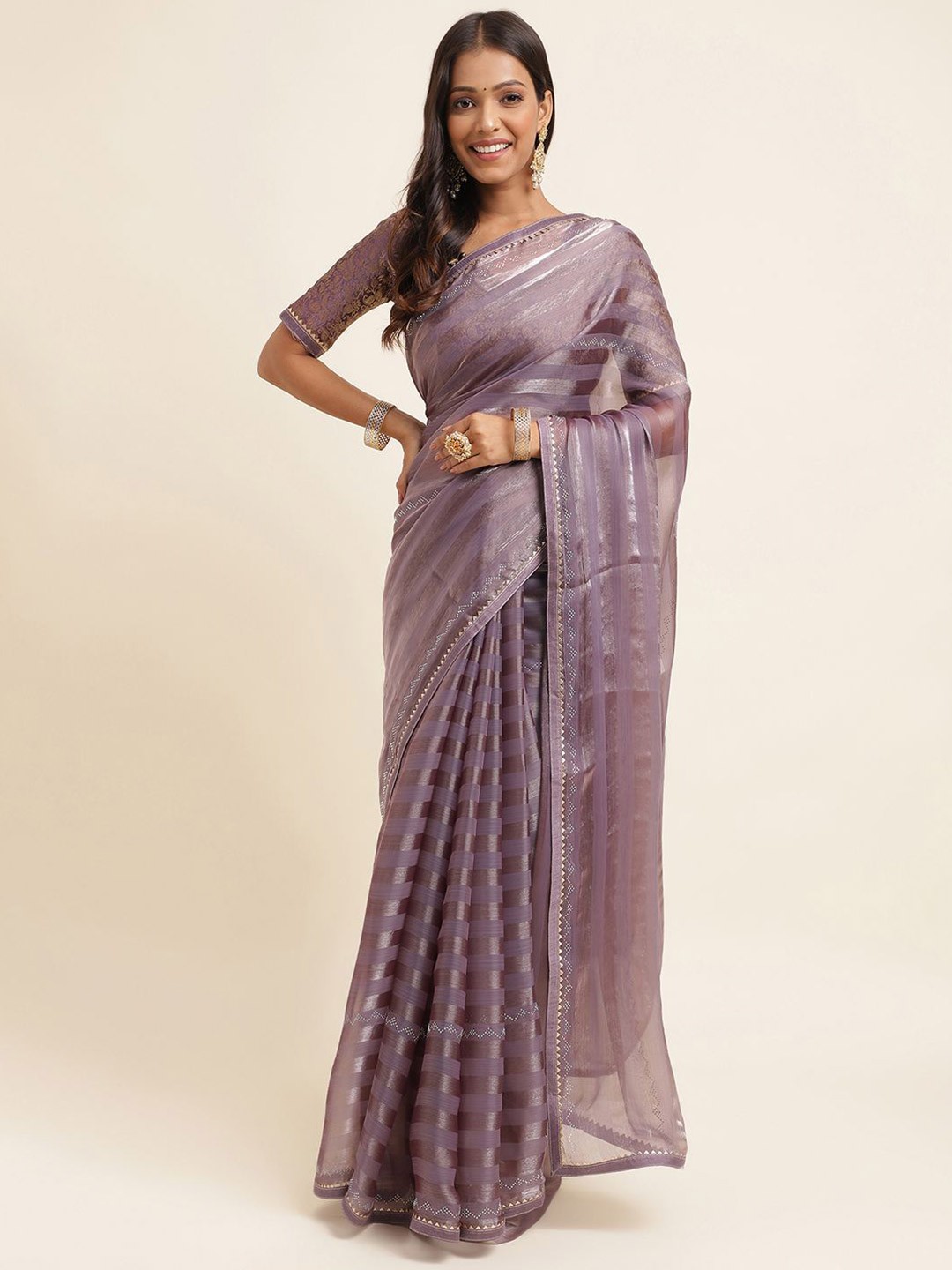 

Mitera Striped Gotta Patti Tissue Saree, Purple