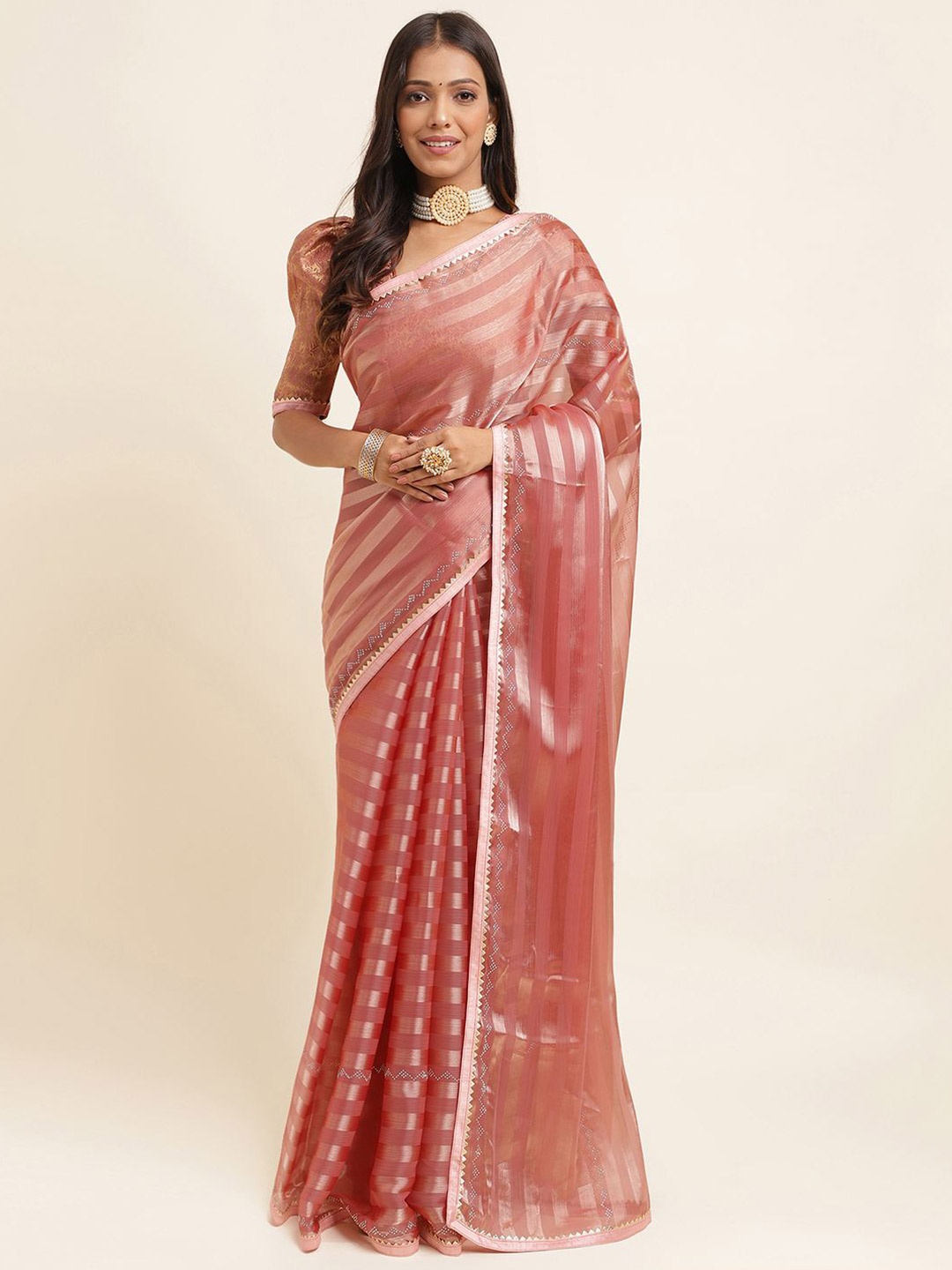 

Mitera Striped Embellished Tissue Saree, Maroon
