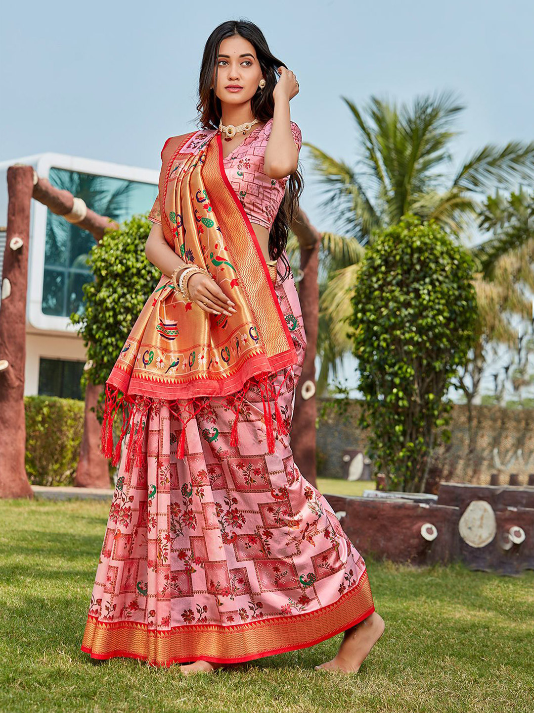 

Mitera Pink & Green Woven Design Zari Pure Silk Saree