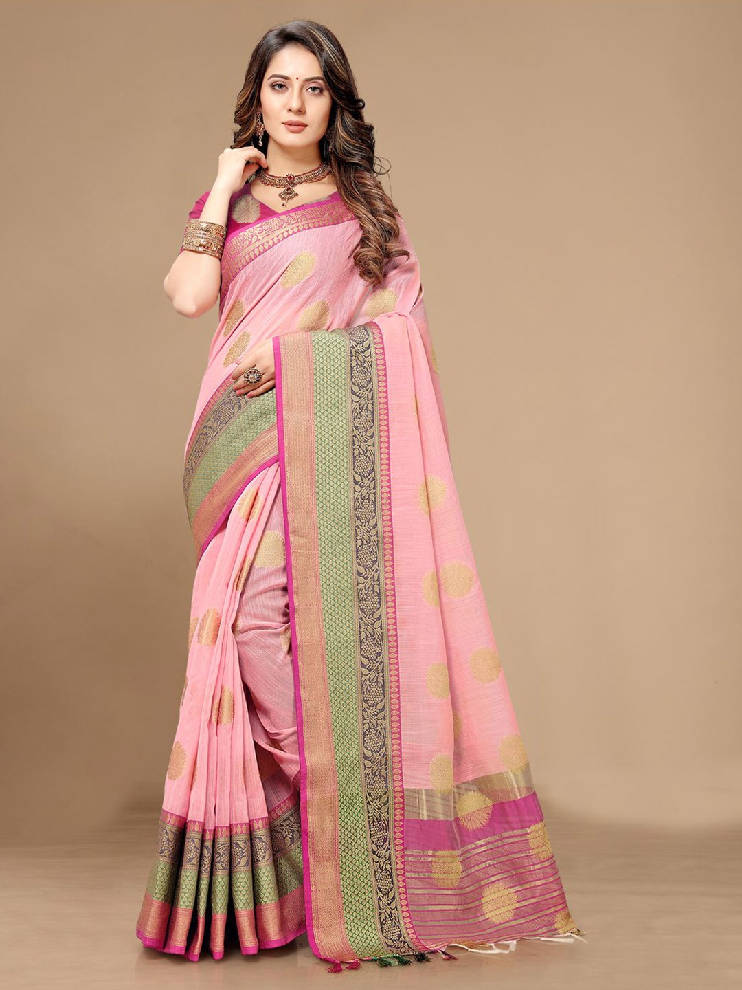 

Mitera Pink & Green Woven Design Zari Pure Linen Saree