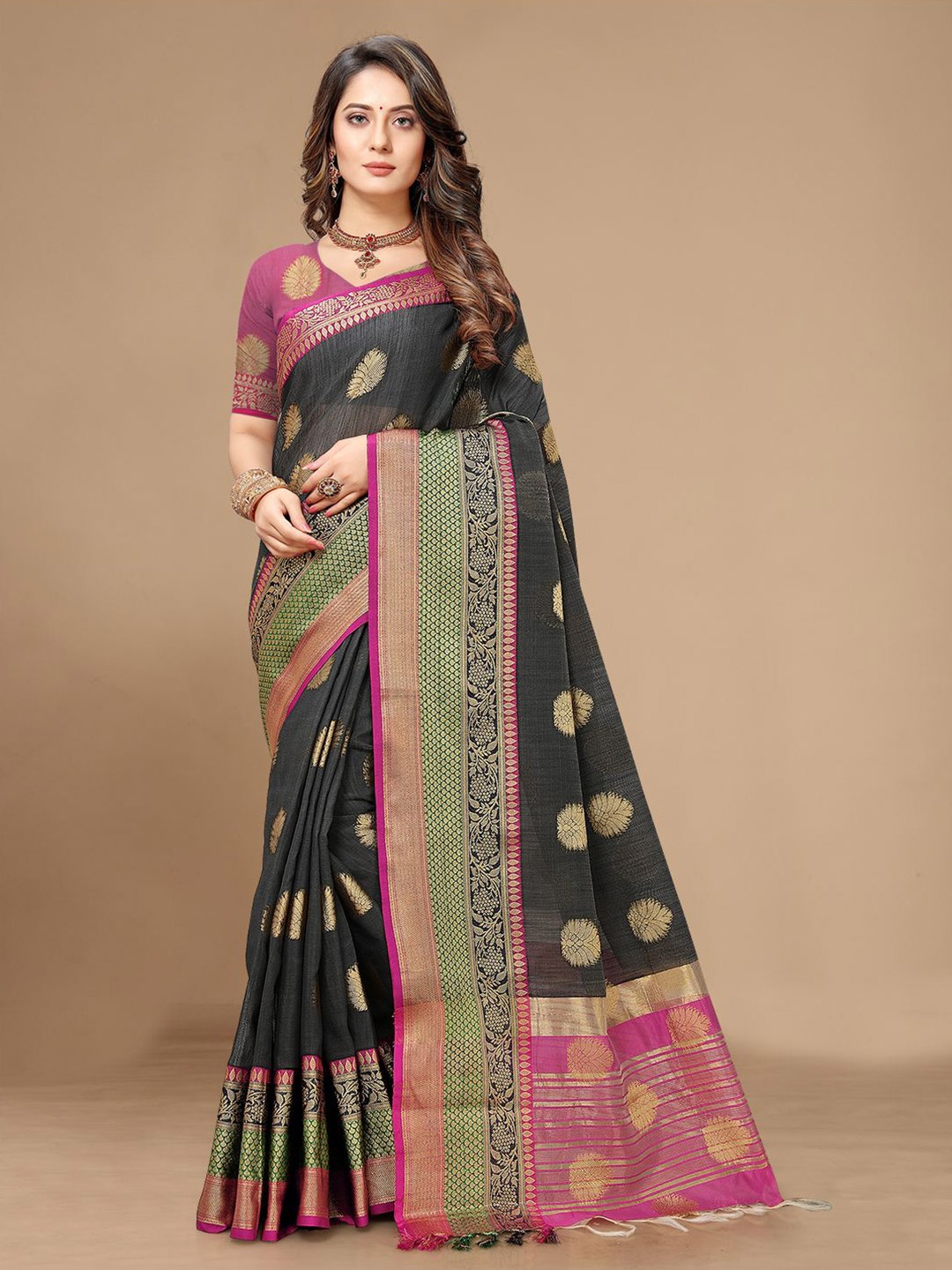 

Mitera Woven Design Zari Pure Linen Saree, Black