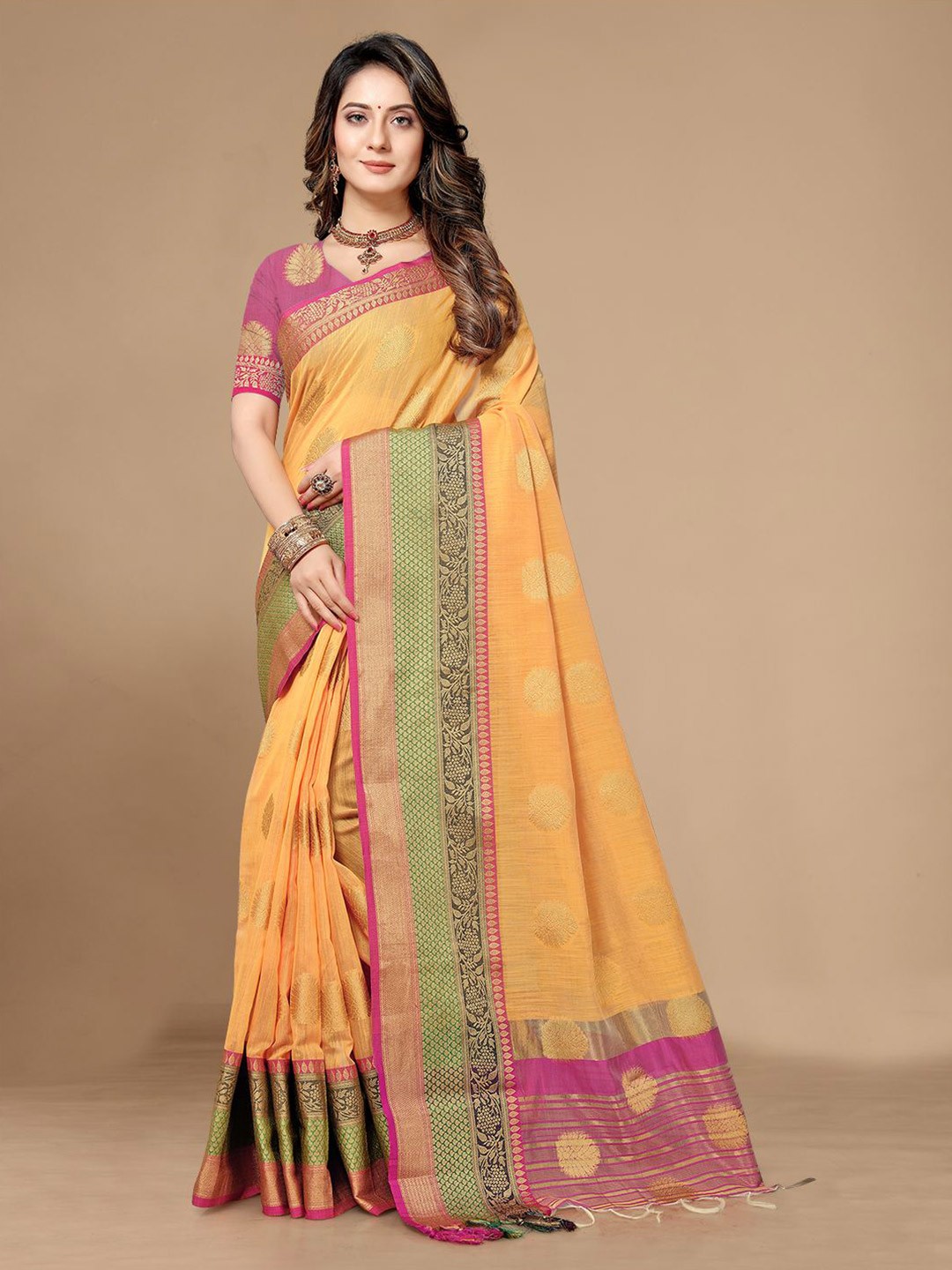 

Mitera Orange & Green Ethnic Motifs Woven Design Zari Pure Linen Saree