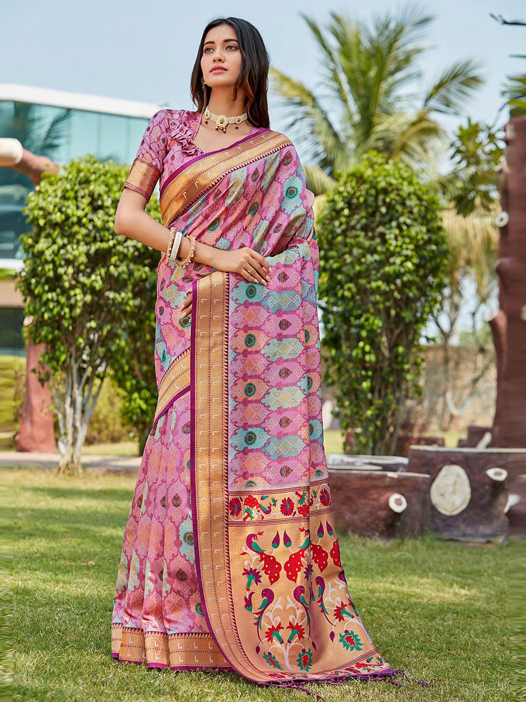 

Mitera Pink & Blue Ethnic Motifs Woven Design Zari Pure Silk Saree