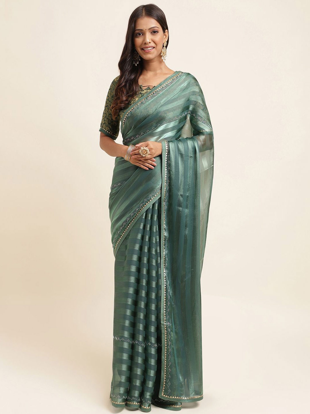 

Mitera Striped Embellished Tissue Saree, Green