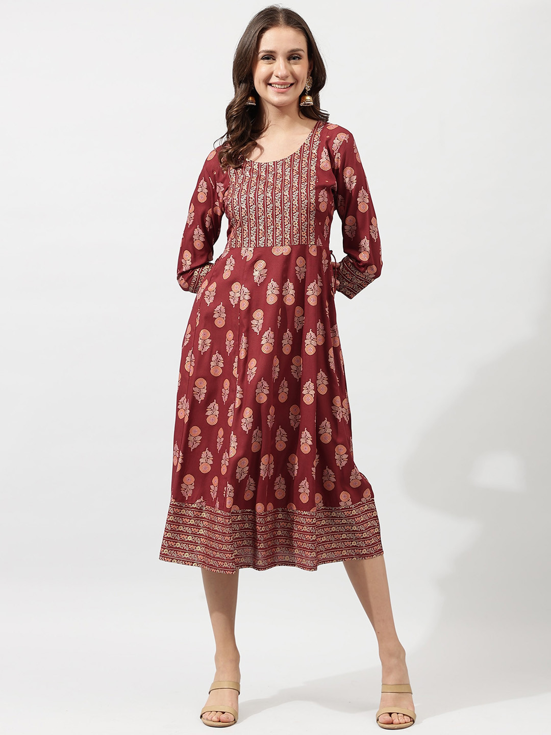 

KALINI Maroon Floral Printed Mirror work A-Line Ethnic Dress