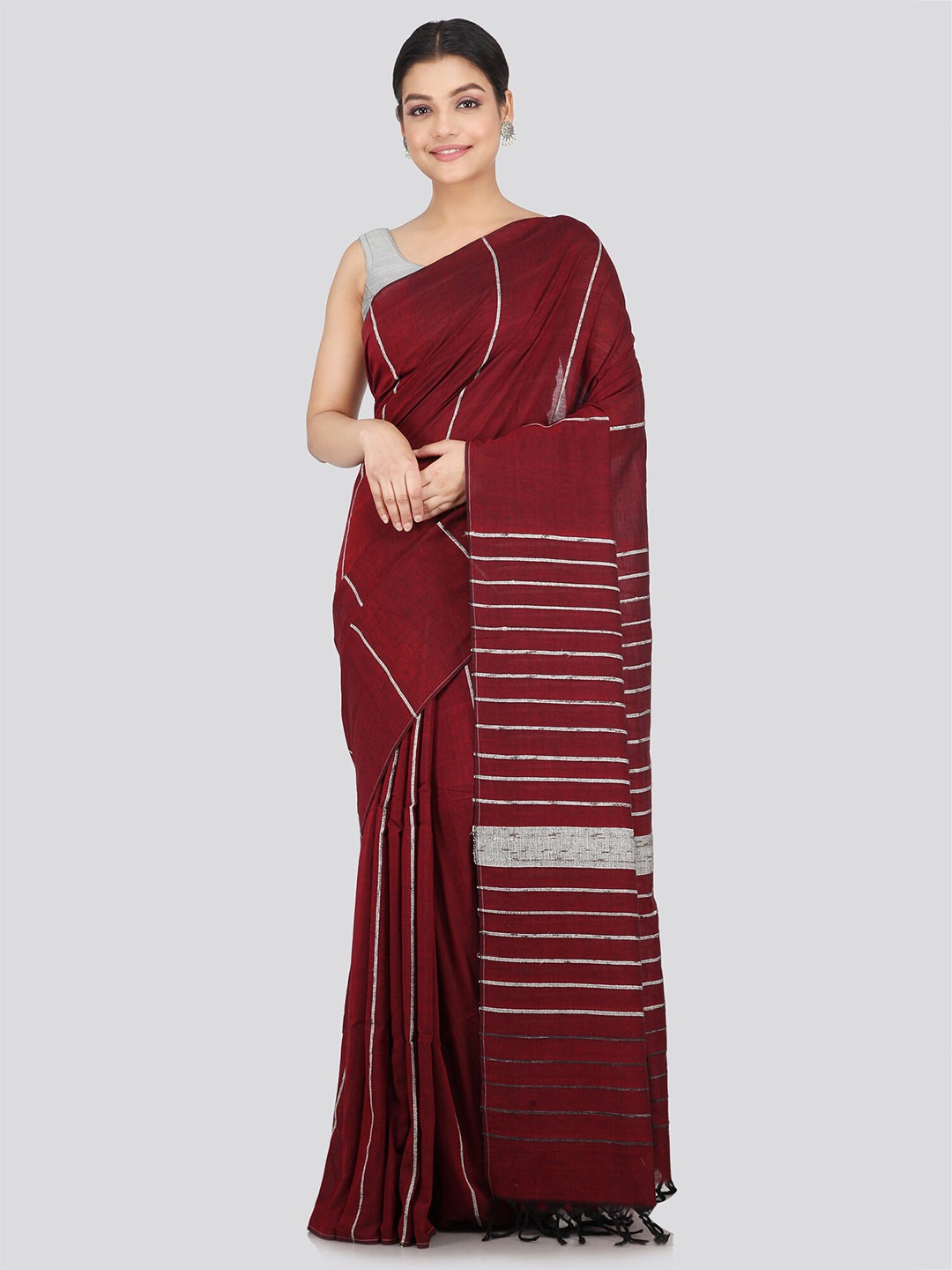 

PinkLoom Striped Pure Cotton Saree, Maroon