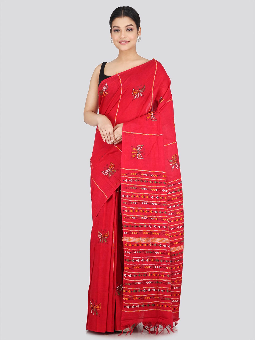 

PinkLoom Ethnic Motifs Embroidered Kantha Work Pure Cotton Saree, Red