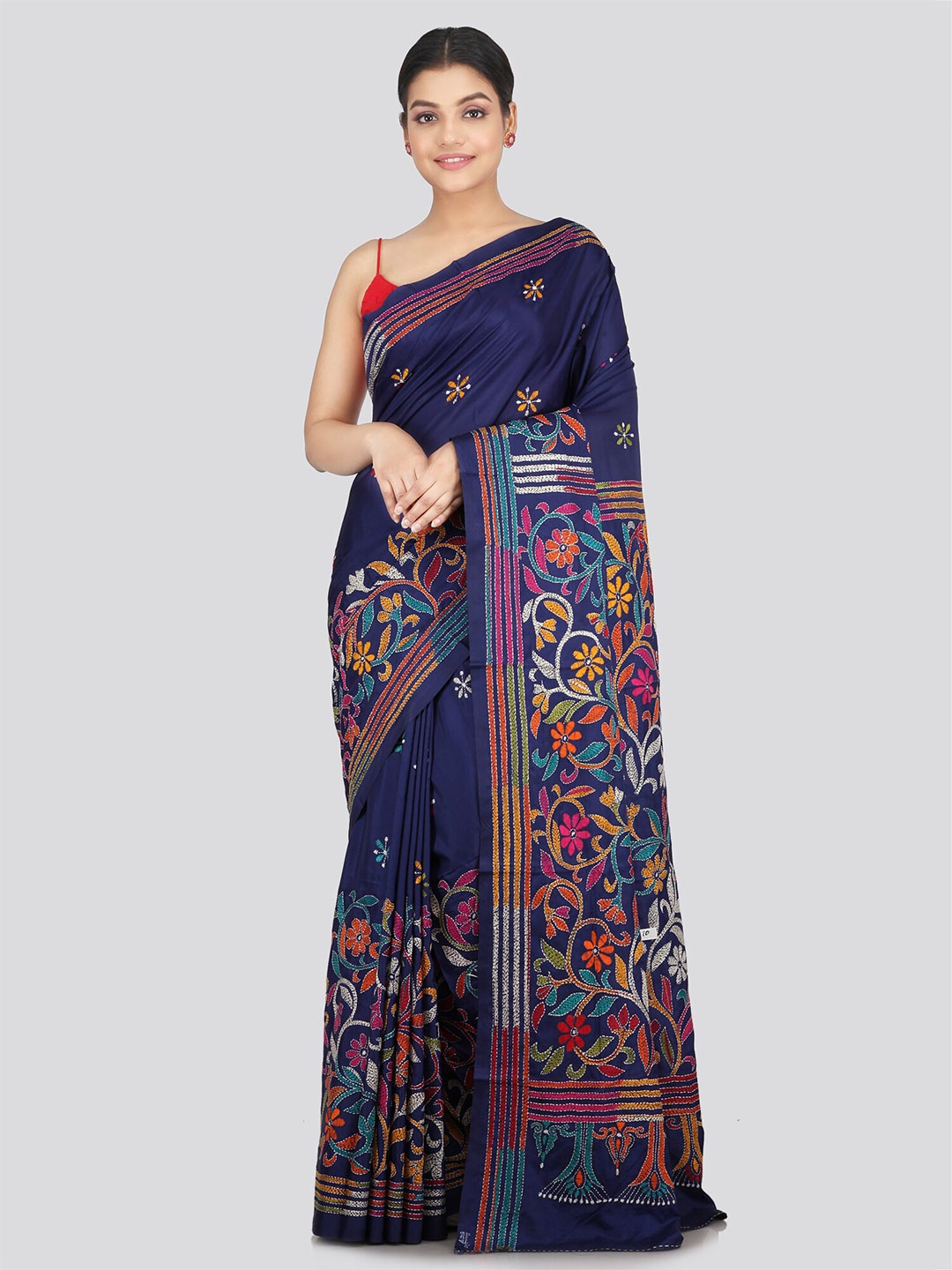 

PinkLoom Ethnic Motifs Kantha Work Pure Silk Saree, Blue