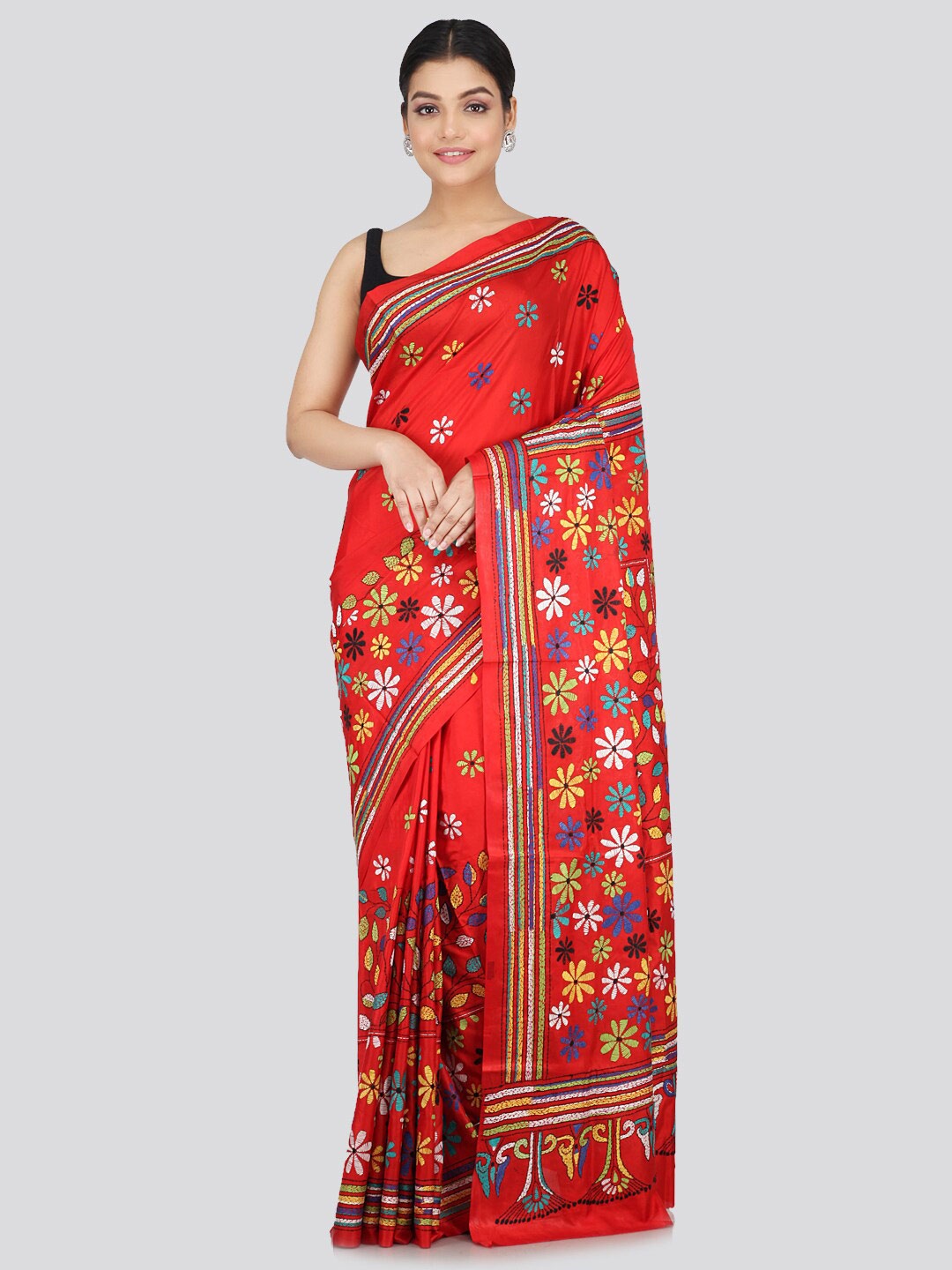 

PinkLoom Ethnic Motifs Embroidered Pure Silk Saree, Red