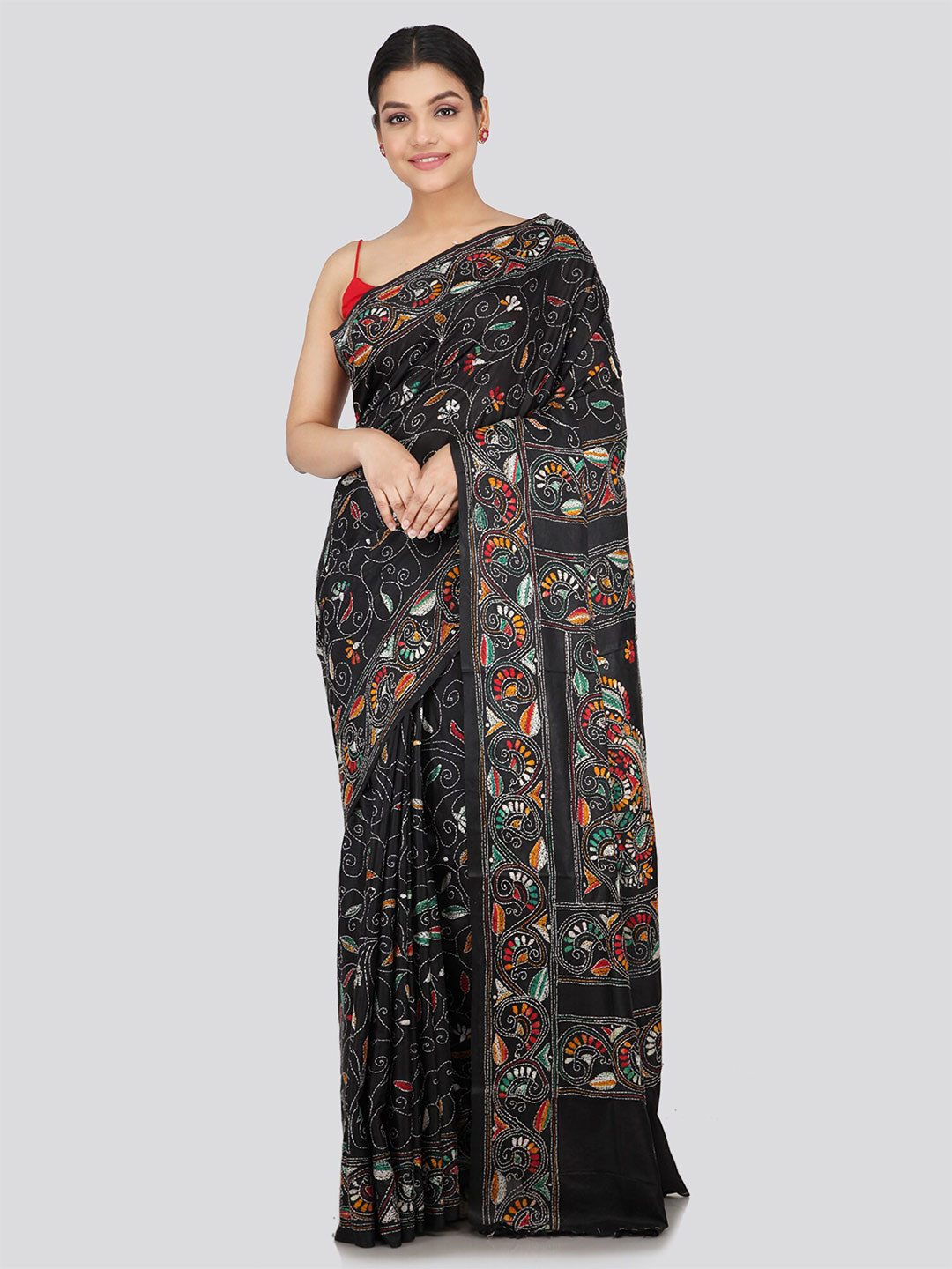 

PinkLoom Ethnic Motifs Embroidered Kutchi Embroidery Pure Silk Saree, Black