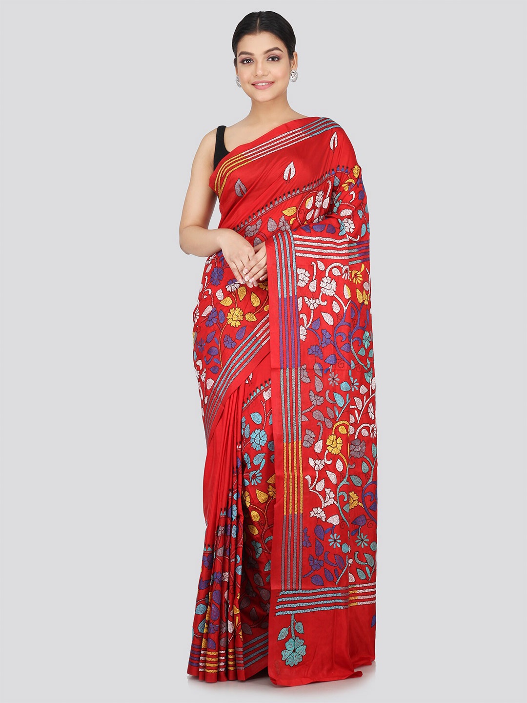 

PinkLoom Ethnic Motifs Embroidery Pure Silk Saree, Red