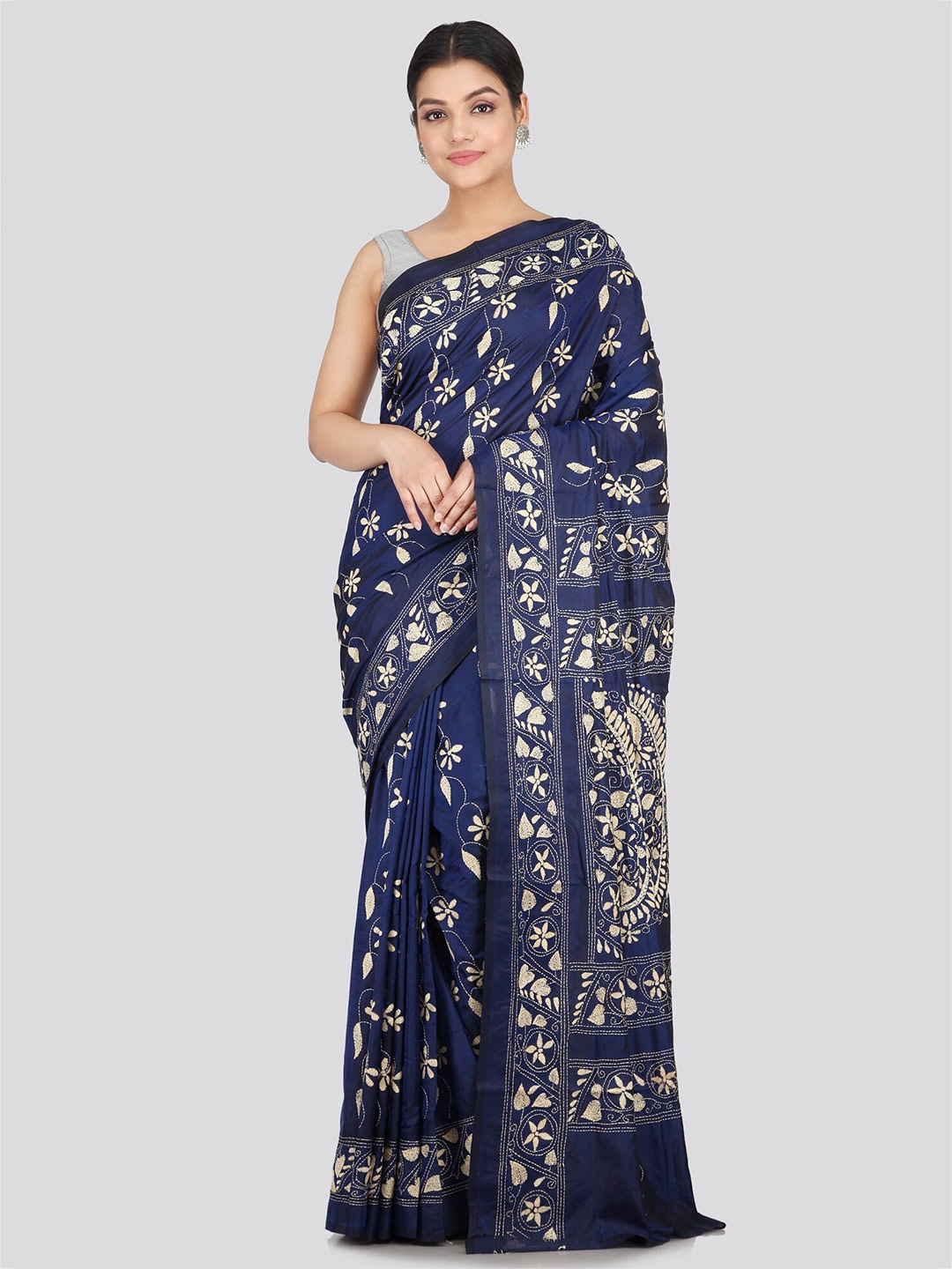 

PinkLoom Ethnic Motifs Kutchi Embroidery Pure Silk Saree, Navy blue