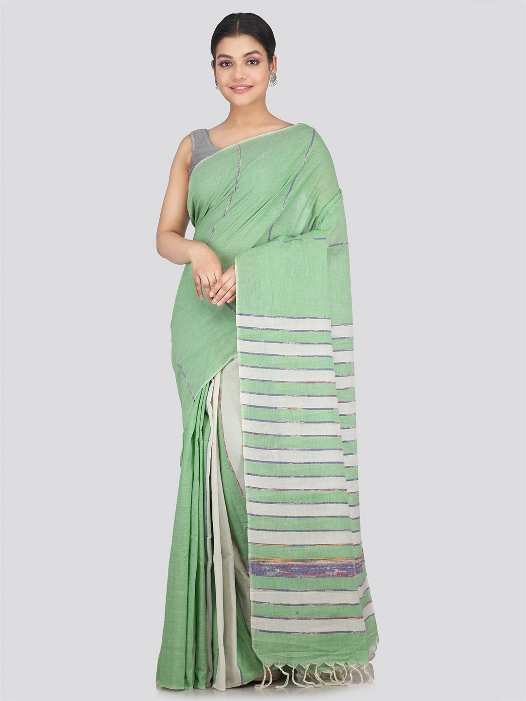 

PinkLoom Striped Tasseled Pure Cotton Saree, Green