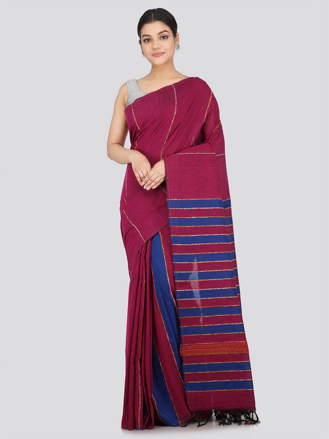 

PinkLoom Striped Woven Design Pure Cotton Saree, Maroon