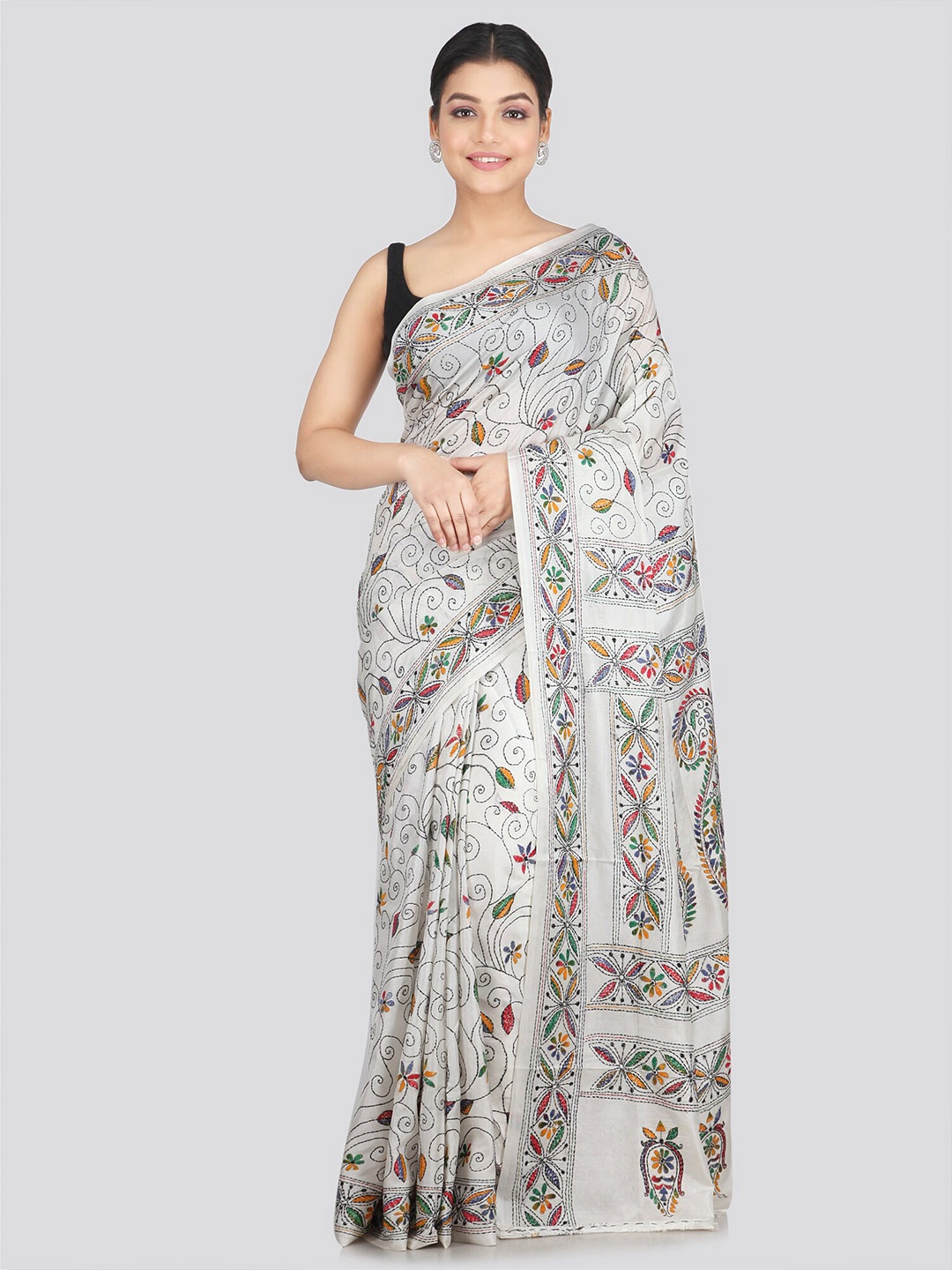 

PinkLoom Ethnic Motifs Kantha Embroidery Pure Silk Saree, White