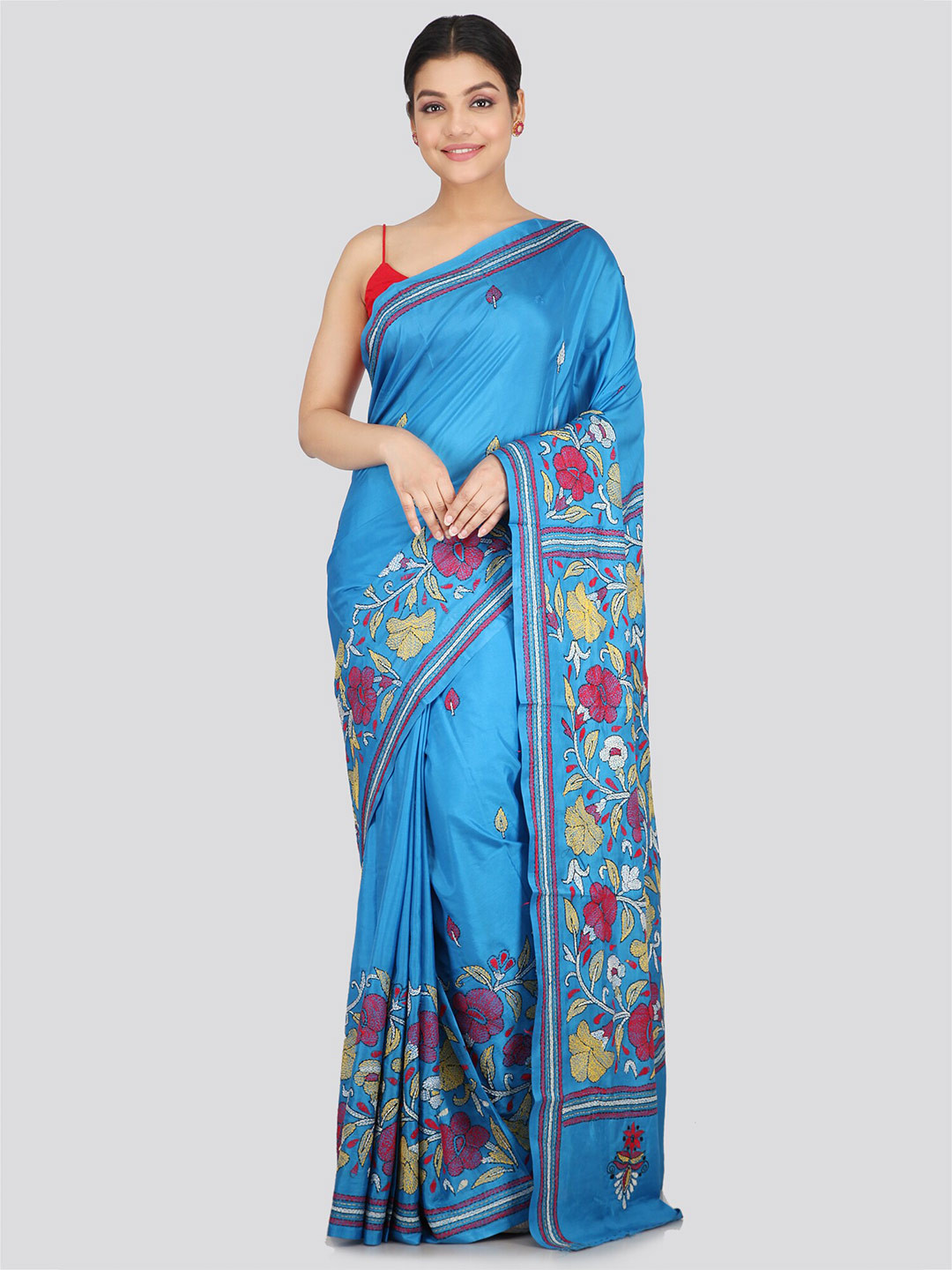 

PinkLoom Ethnic Motifs Kutchi Embroidery Pure Silk Saree, Blue