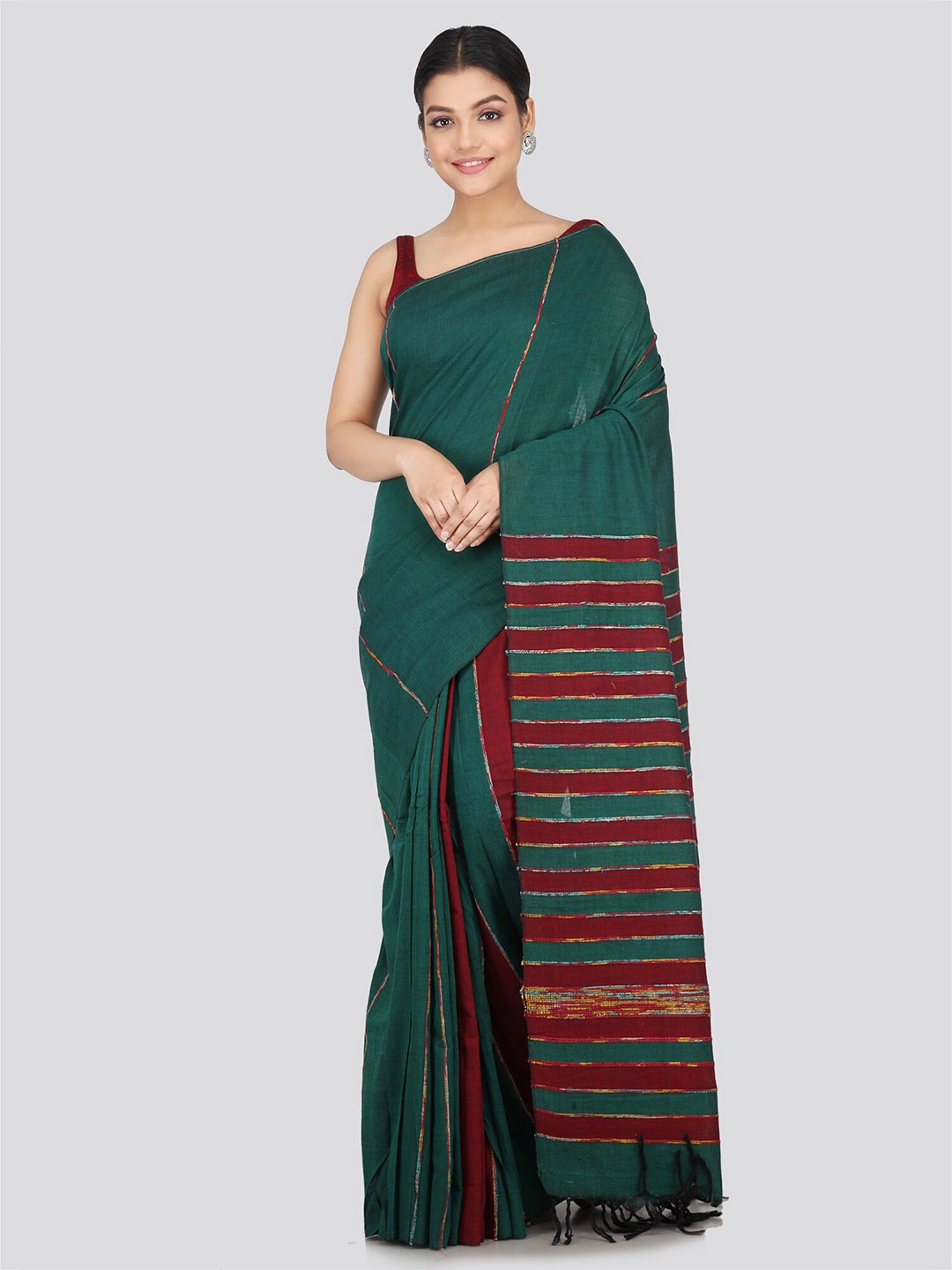 

PinkLoom Striped Woven Design Pure Cotton Saree, Green