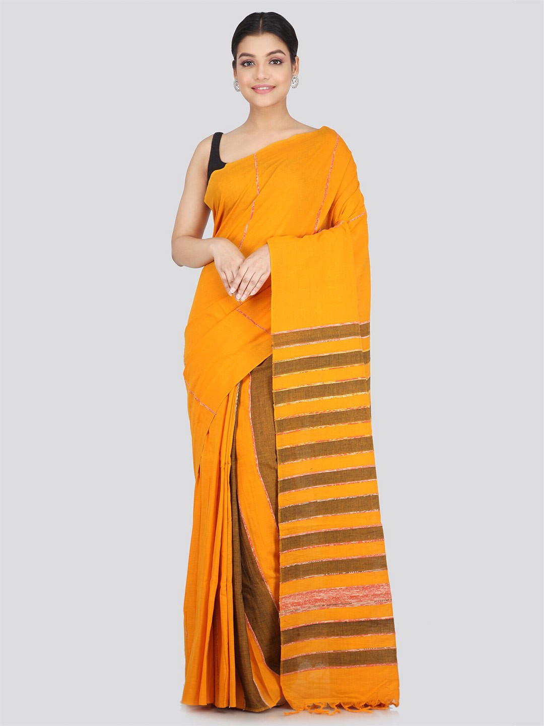 

PinkLoom Striped Pure Cotton Saree, Mustard