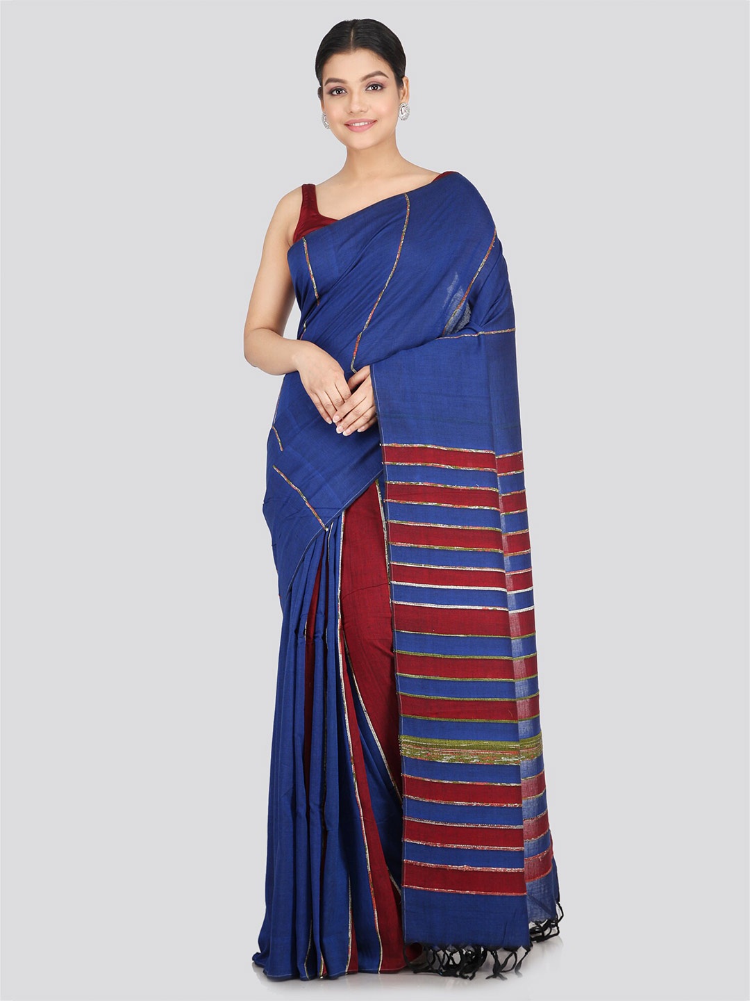 

PinkLoom Striped Woven Design Pure Cotton Saree, Blue