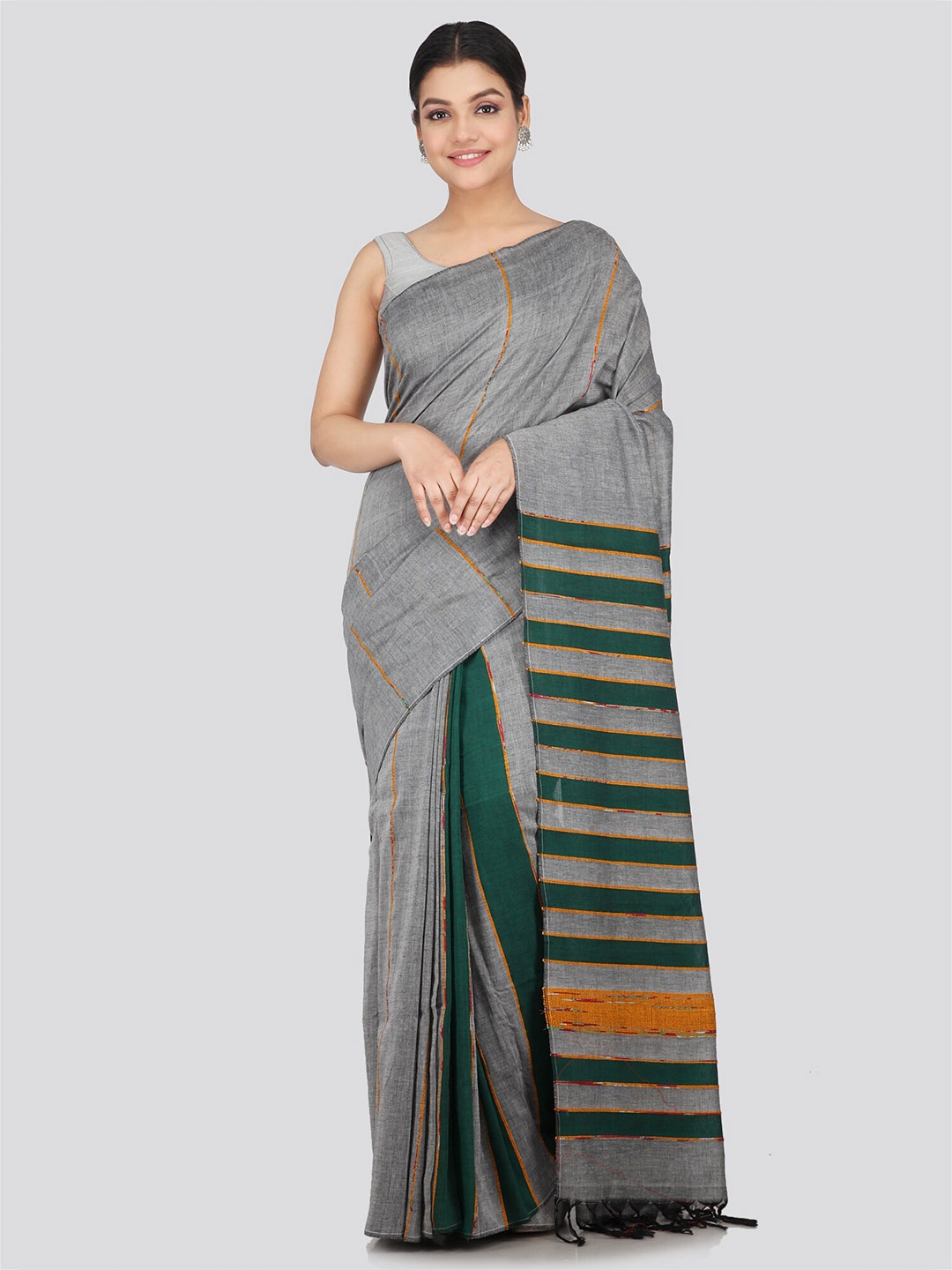 

PinkLoom Striped Woven Design Pure Cotton Saree, Grey