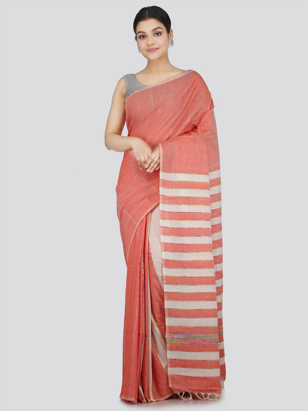 

PinkLoom Striped Pure Cotton Saree, Peach