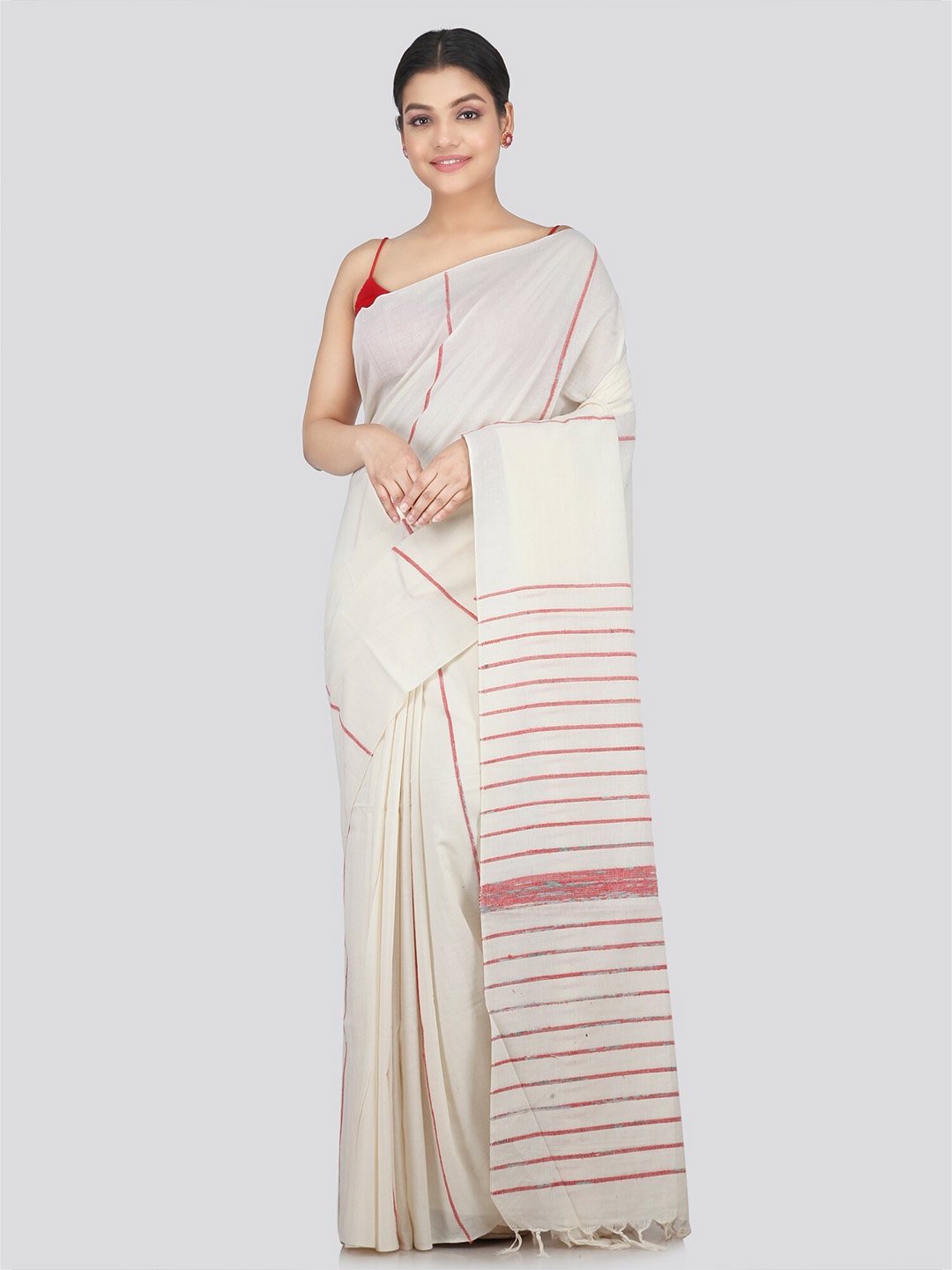 

PinkLoom Striped Woven Design Pure Cotton Saree, White